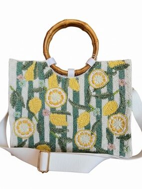 Lemon Beaded Tote with Bamboo Handles - Yellow/Green